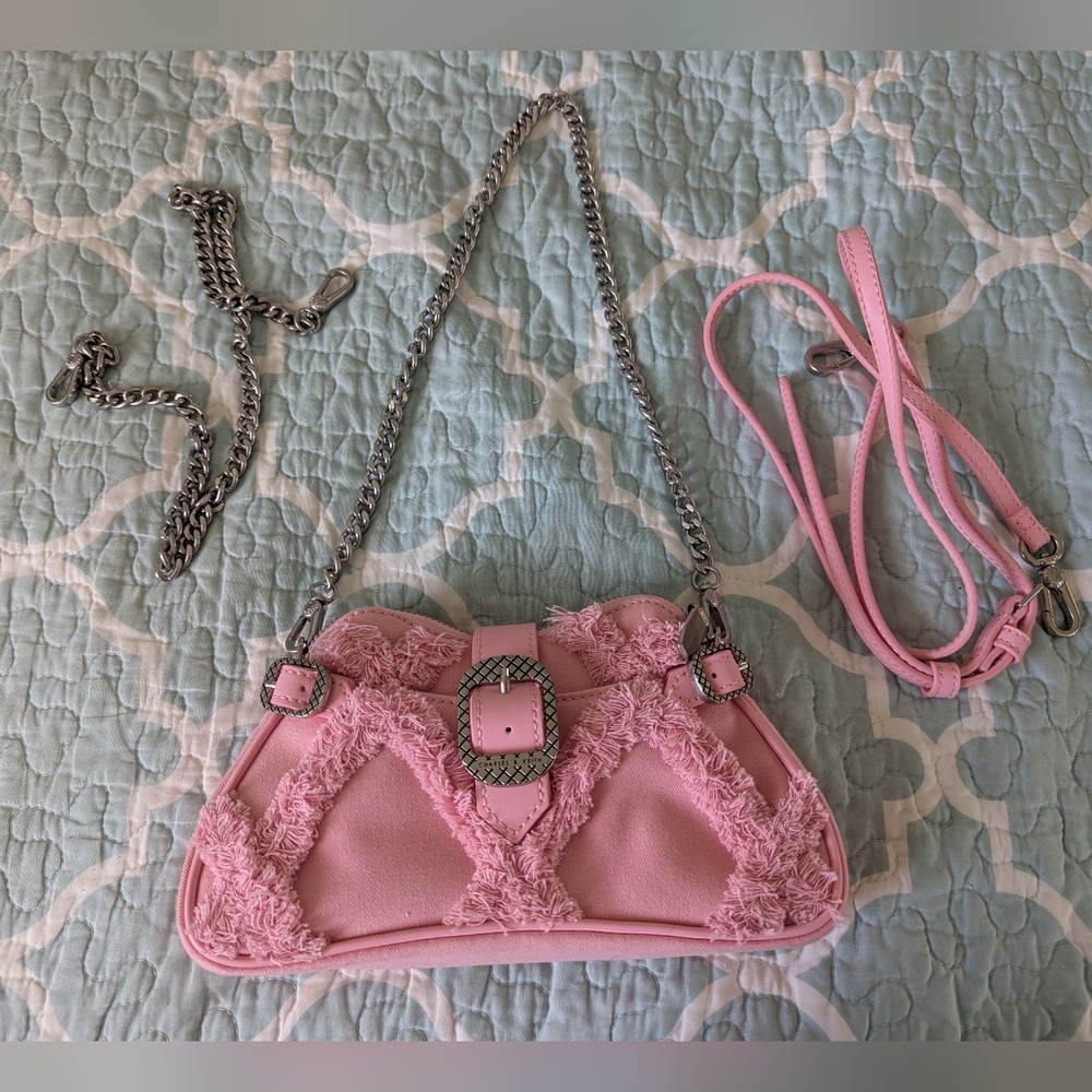 Charles & Keith Pink Quilted Shoulder Bag with Silver Chain